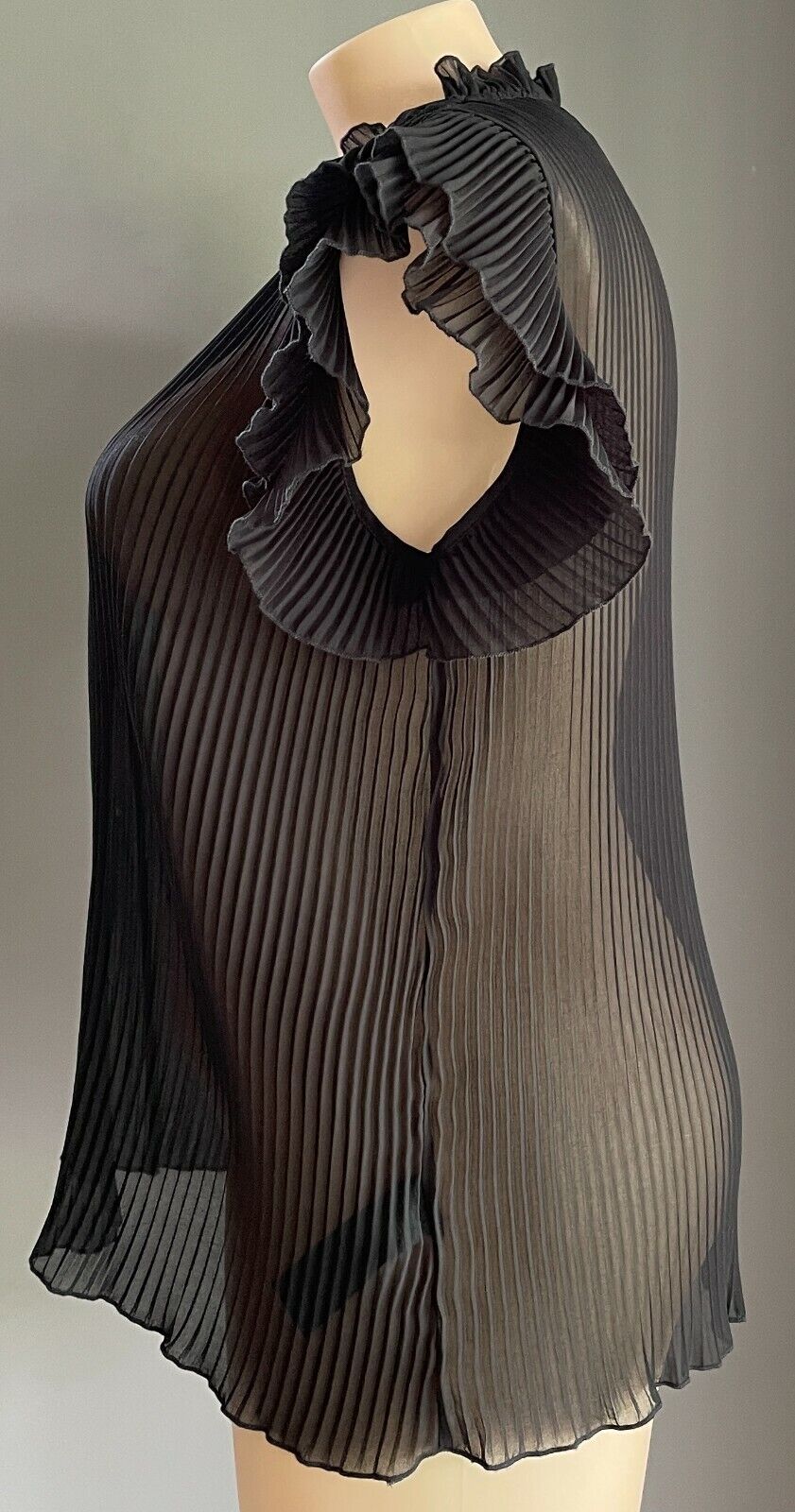 CITY CHIC Top Black Semi Sheer Pleated Ruffle Sleeve Blouse Plus Size S 12 NEW