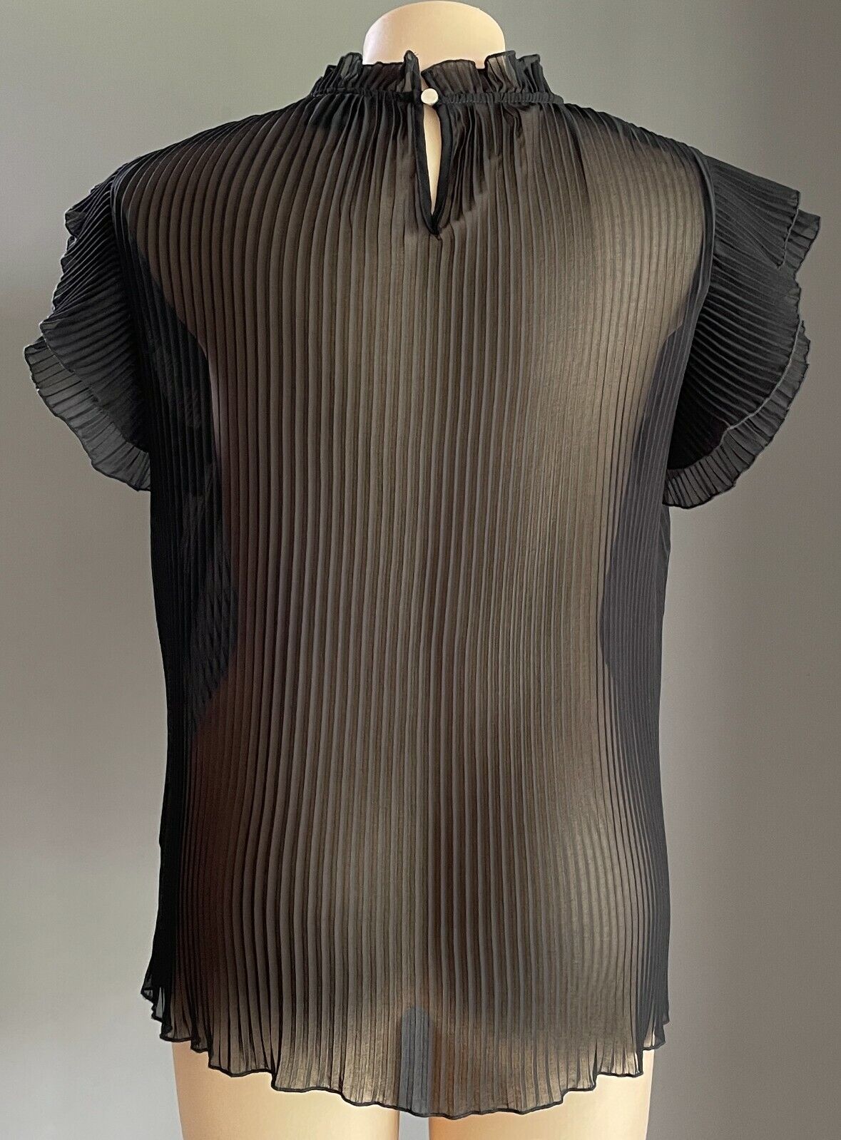 CITY CHIC Top Black Semi Sheer Pleated Ruffle Sleeve Blouse Plus Size S 12 NEW