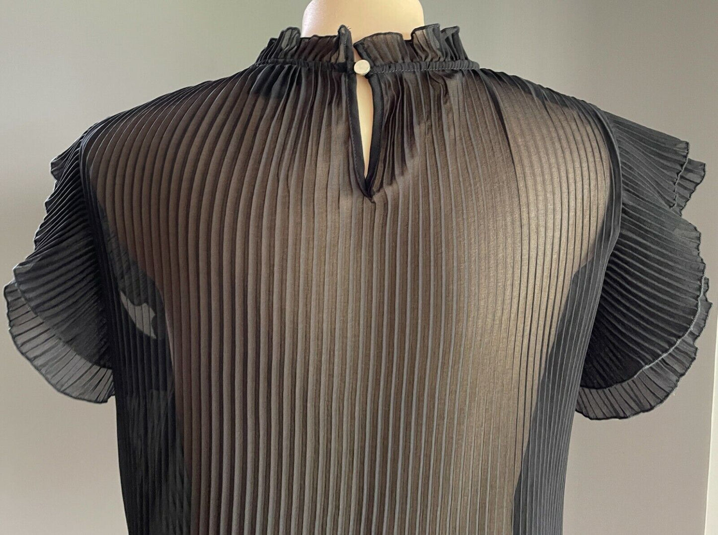 CITY CHIC Top Black Semi Sheer Pleated Ruffle Sleeve Blouse Plus Size S 12 NEW