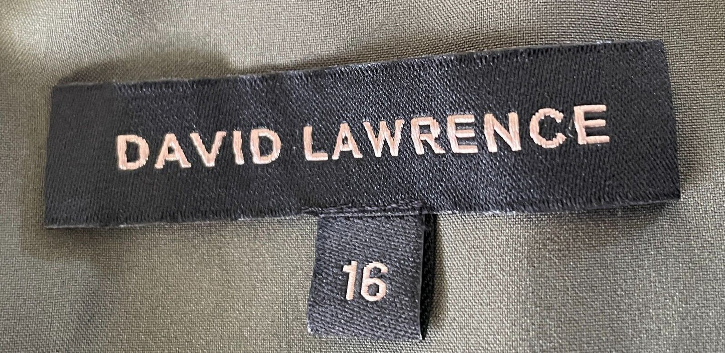 DAVID LAWRENCE Shift Dress Khaki Grey Blue Long Sleeve Twist Front Detail Sz 16
