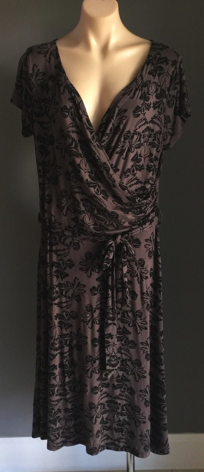 SARA Dress Faux Wrap Brown & Black Cap Sleeve Waist Tie Plus Size 1X 14 16 NEW