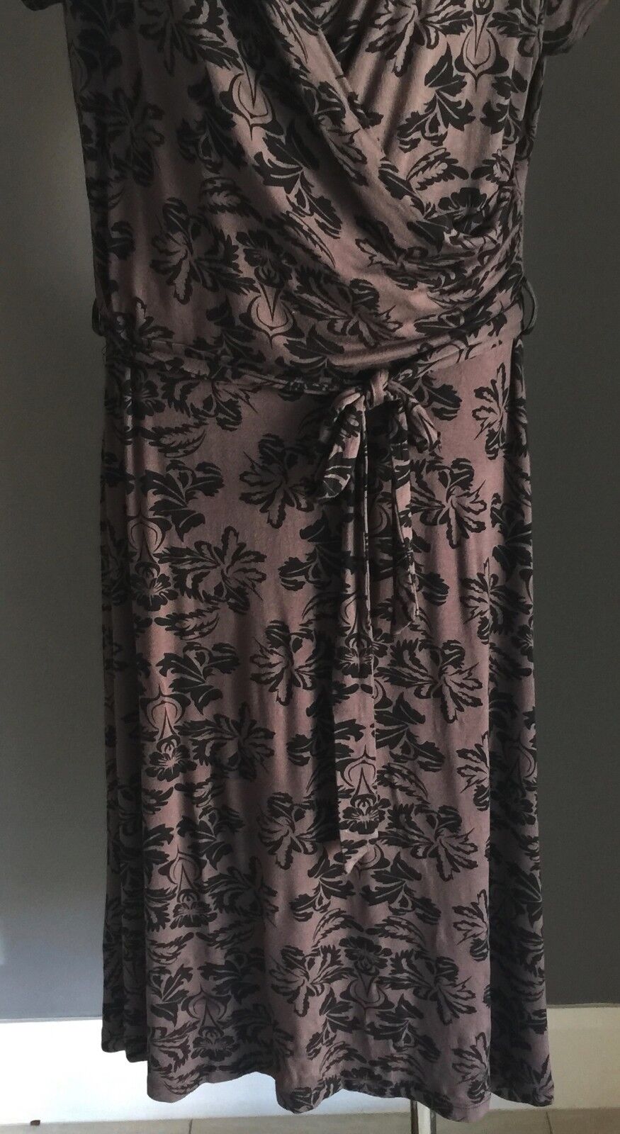 SARA Dress Faux Wrap Brown & Black Cap Sleeve Waist Tie Plus Size 1X 14 16 NEW