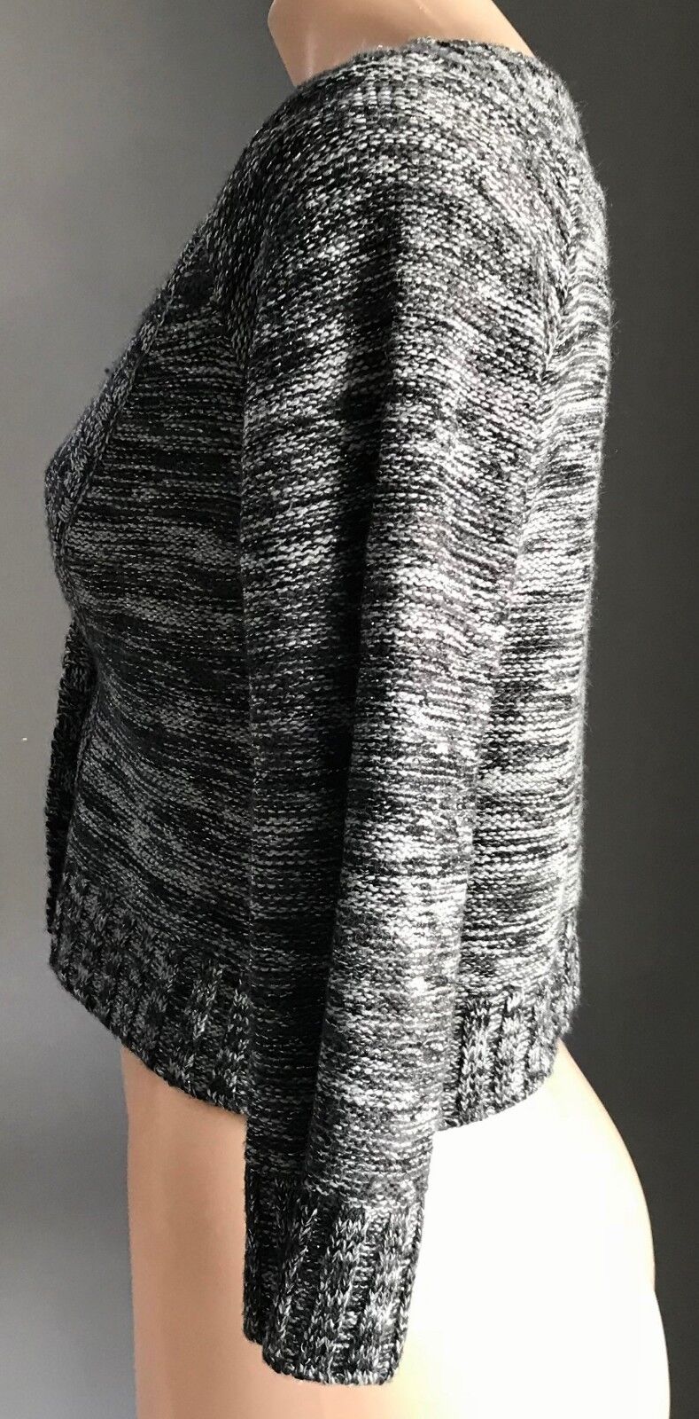 Crop Buttoned Cardigan Black Grey Silver Lurex 3/4 Sleeve Knit Ladies Size M 12