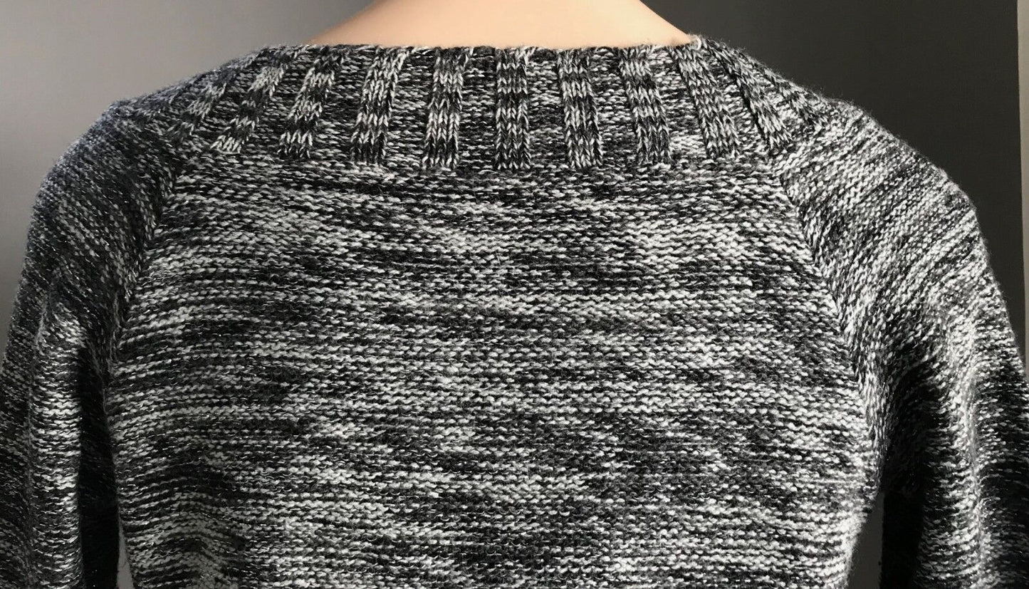 Crop Buttoned Cardigan Black Grey Silver Lurex 3/4 Sleeve Knit Ladies Size M 12