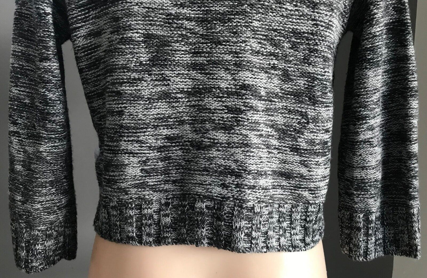 Crop Buttoned Cardigan Black Grey Silver Lurex 3/4 Sleeve Knit Ladies Size M 12