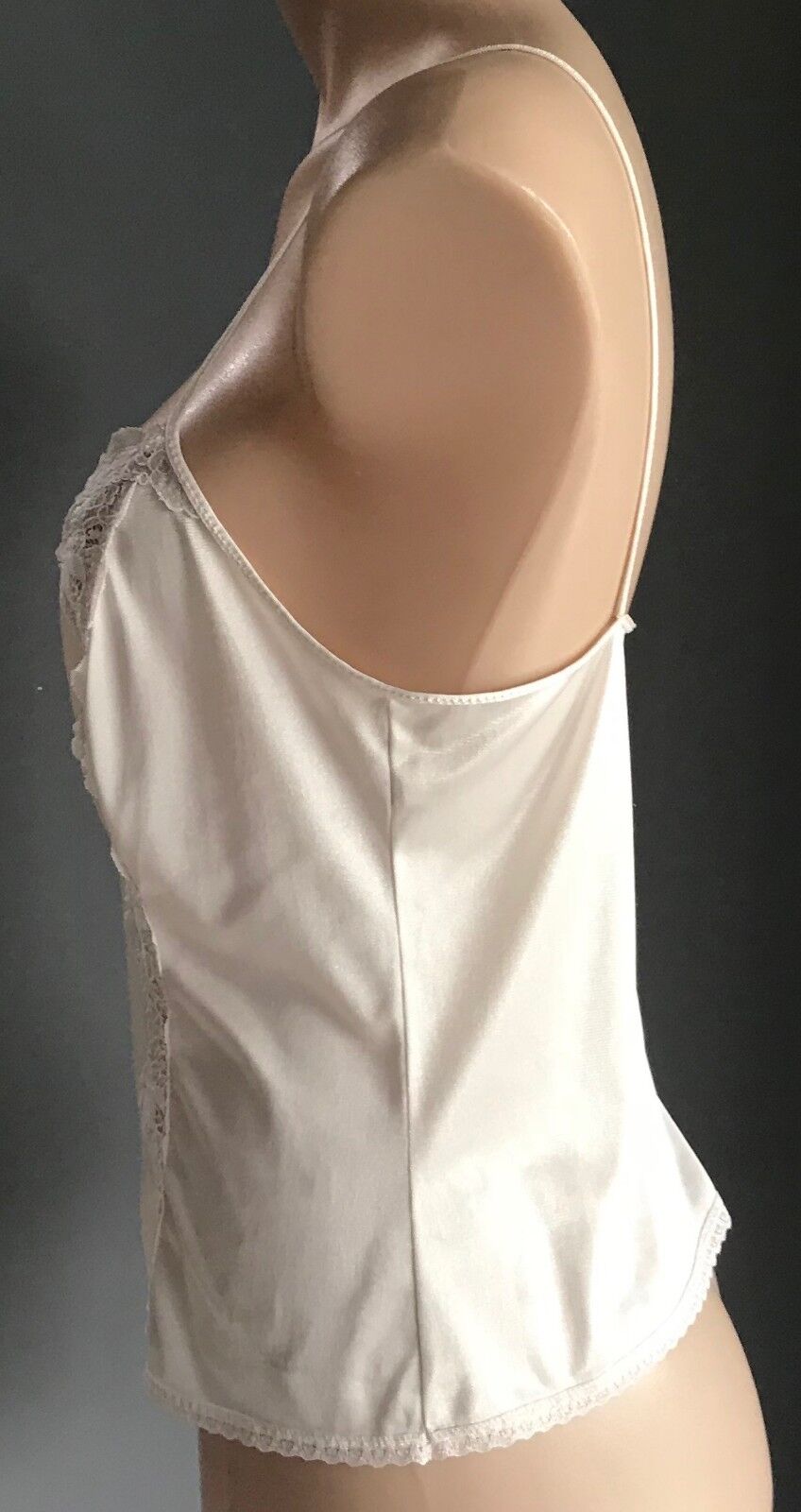 Vintage Camisole White Nylon Thin Straps Lace Panel & Trim Top Ladies Size 10