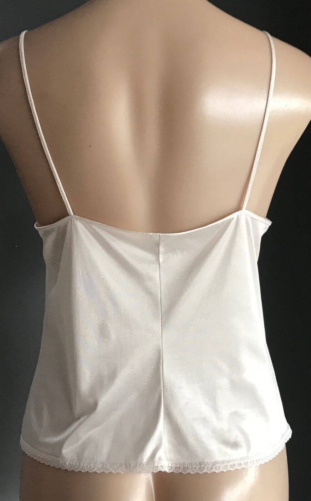 Vintage Camisole White Nylon Thin Straps Lace Panel & Trim Top Ladies Size 10