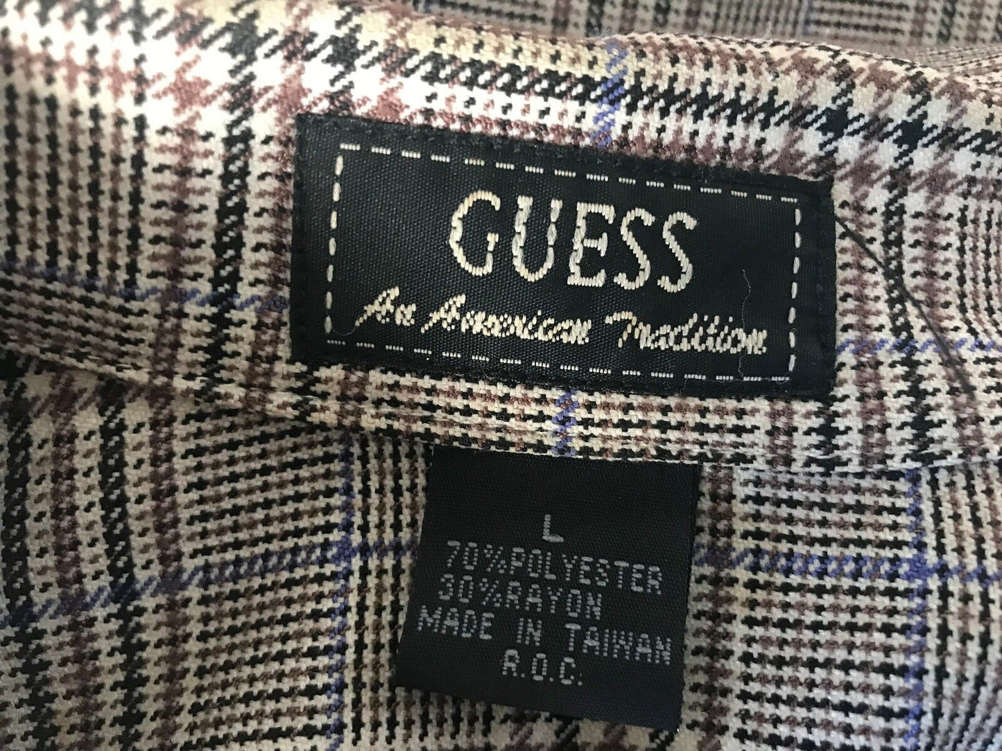 GUESS JEANS USA Jacket Brown Plaid Long Sleeve Shirt Ladies Size L 14 Vintage