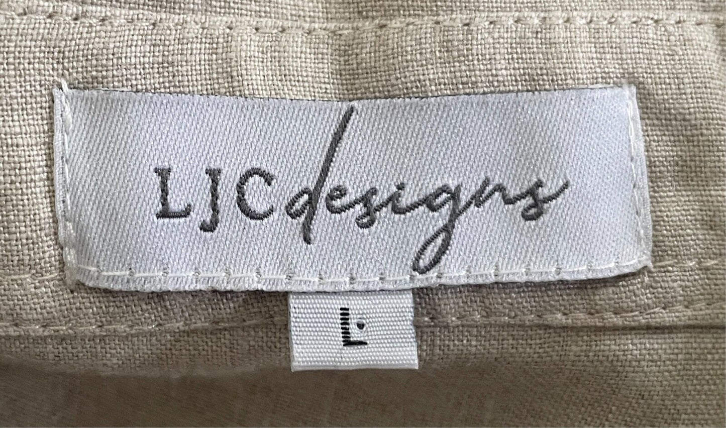 LJC DESIGNS Sleeveless Shirt Linen Sz L Oatmeal Fray Armhole Button Front Hi-Lo
