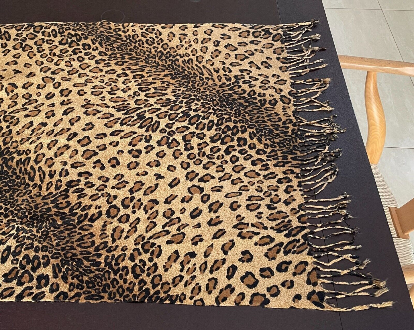 Fringed Rectangle NECK SCARF Leopard Print Caramel Brown Black Shawl Wrap