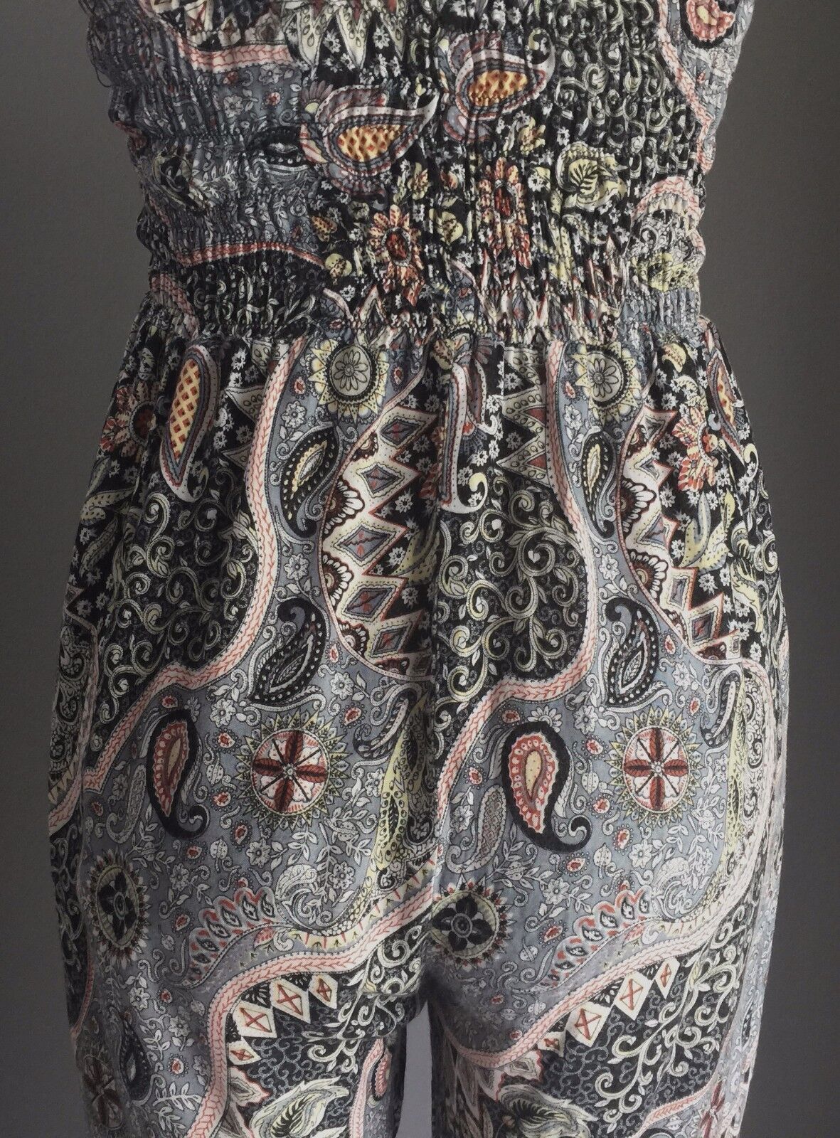 JUMPSUIT Boho Cotton Size 8 10 MultiColour Floral Paisley Shirred Elastic Bodice