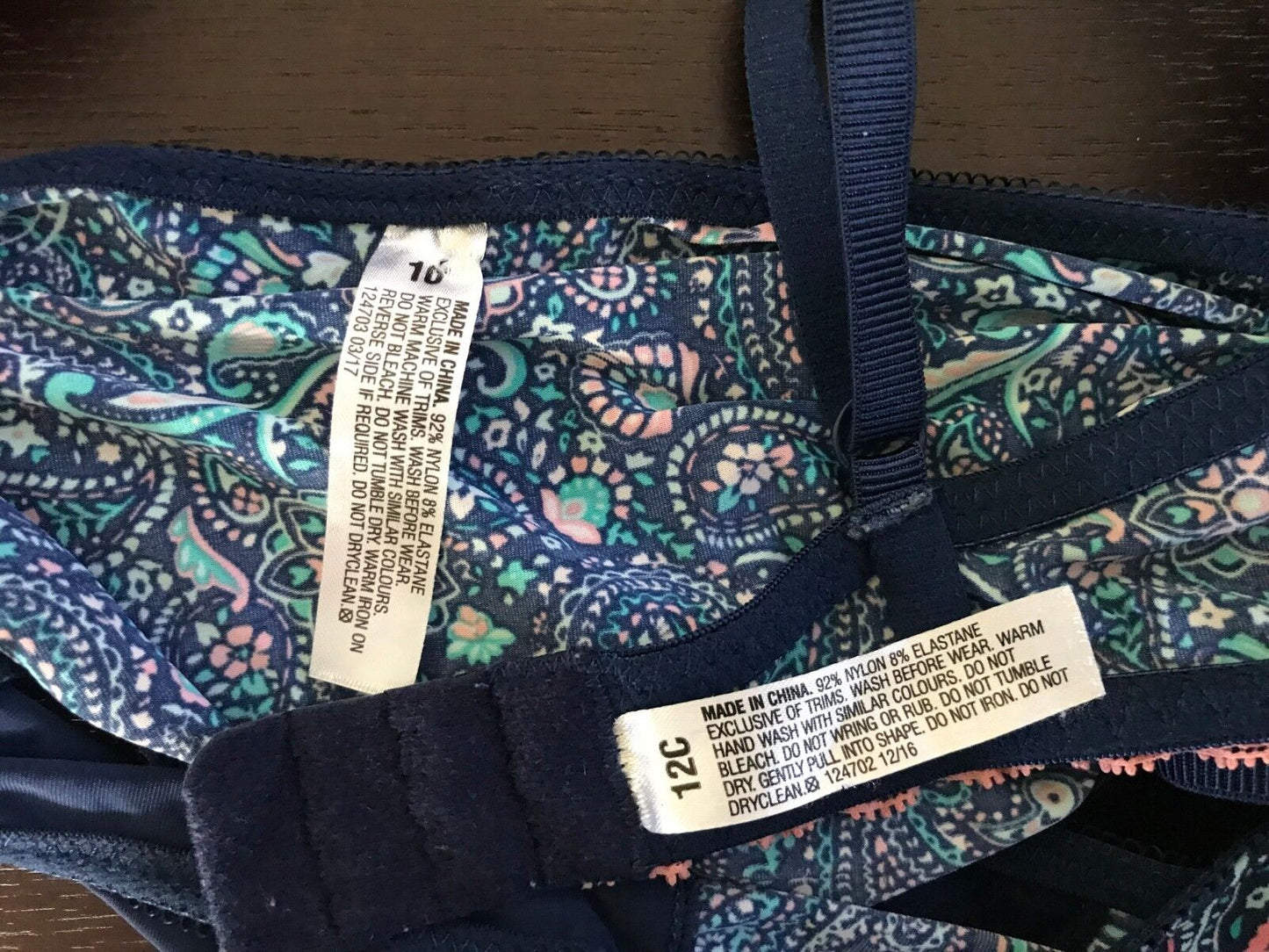 Lingerie Set Sexy Navy Blue Bra 12C & Panties Sz 10 Coal Aqua Paisley Print NEW