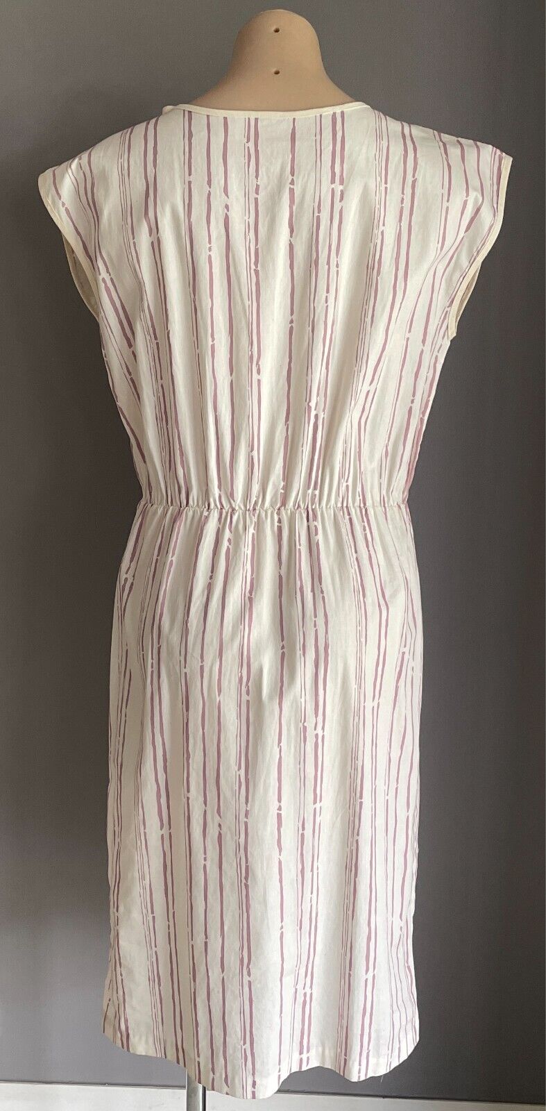 Vintage White & Wine Colour Print Elastic Waist Dress Sleeveless Size 14 Cotton