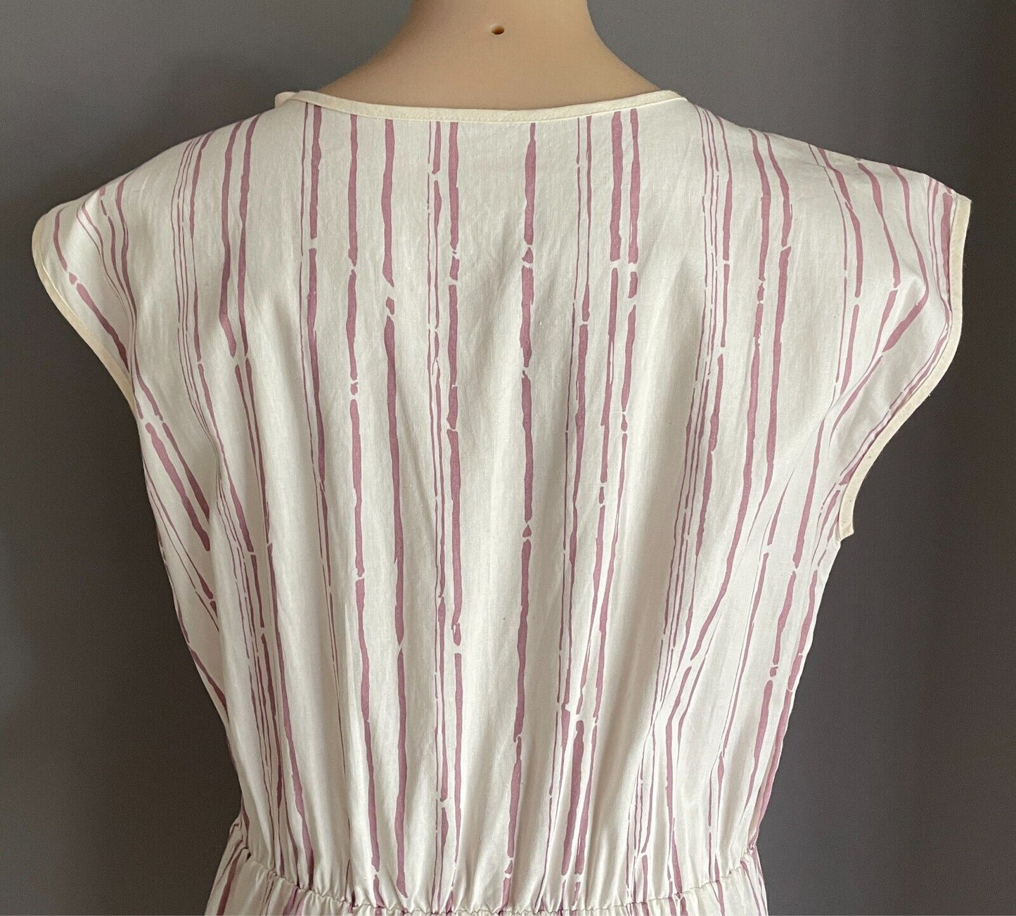 Vintage White & Wine Colour Print Elastic Waist Dress Sleeveless Size 14 Cotton
