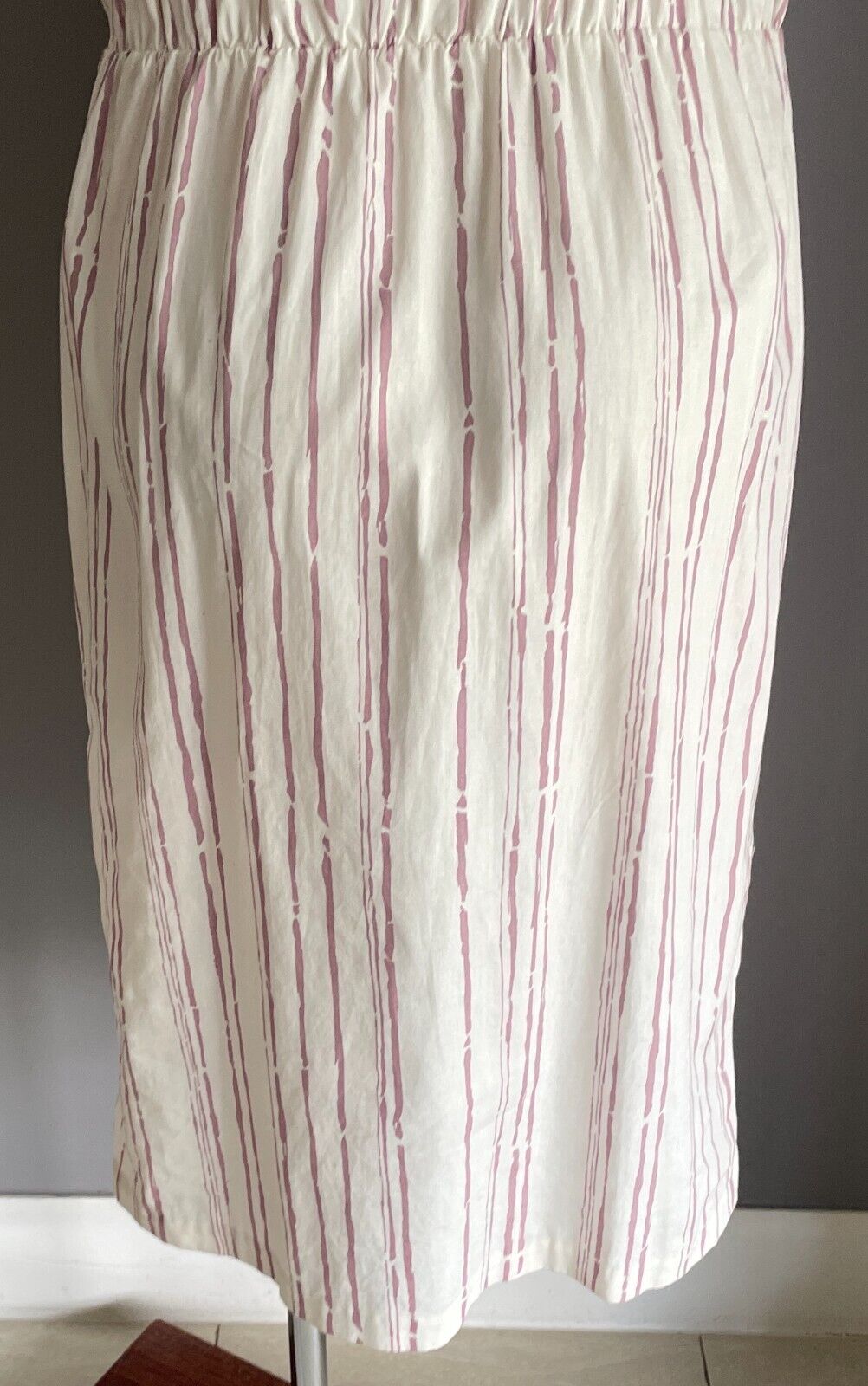 Vintage White & Wine Colour Print Elastic Waist Dress Sleeveless Size 14 Cotton