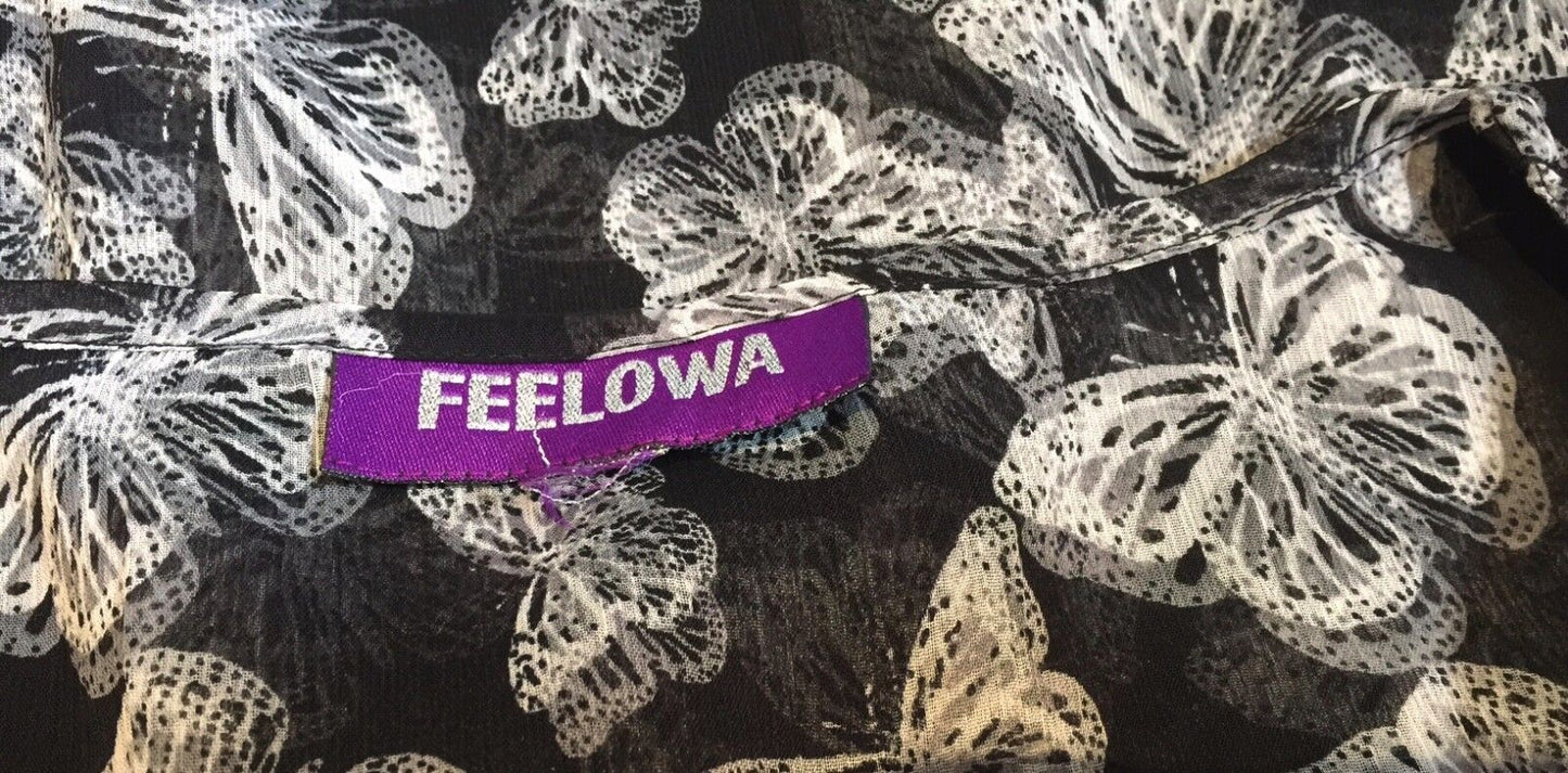 FEELOWA Kaftan Top Black Grey & Ivory Butterfly Print Size 16 - 18 NEW