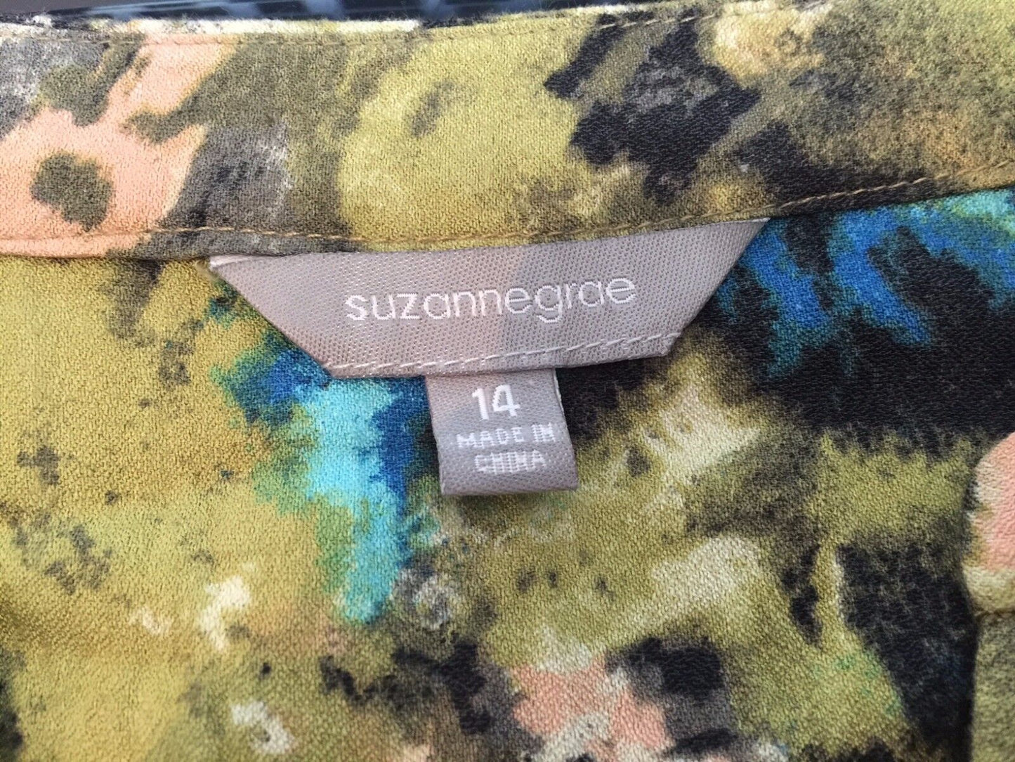 SUZANNE GRAE Gold Button Front Top Mottled Print Long Sleeve Blouse Size 14