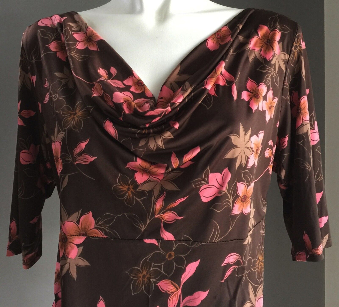 COWL NECK TOP Elbow Length Versatile Brown Pink Floral Print Ladies Size 12 14