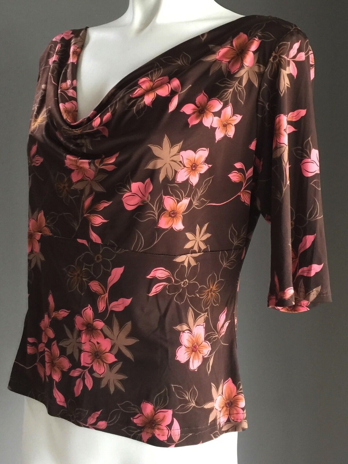 COWL NECK TOP Elbow Length Versatile Brown Pink Floral Print Ladies Size 12 14