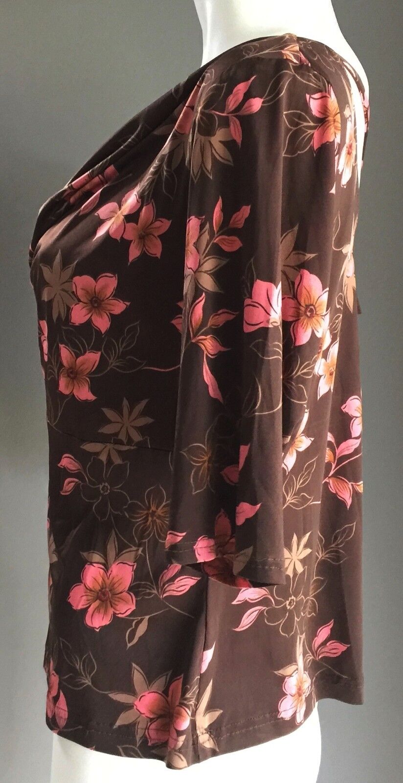 COWL NECK TOP Elbow Length Versatile Brown Pink Floral Print Ladies Size 12 14