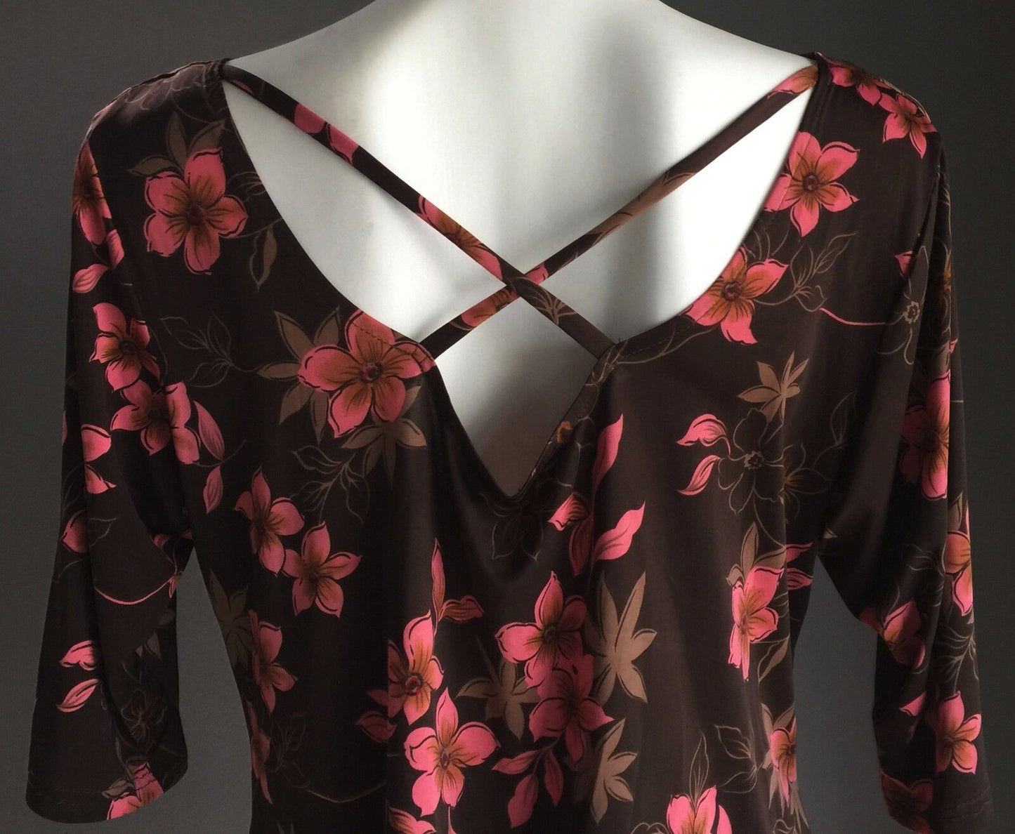 COWL NECK TOP Elbow Length Versatile Brown Pink Floral Print Ladies Size 12 14