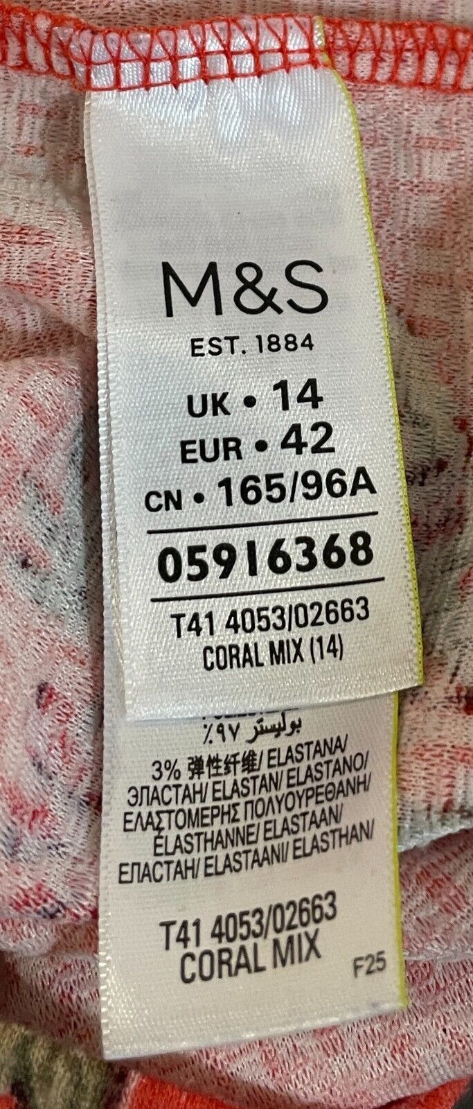 M&S COLLECTION Top Coral Red Orange Floral Print Boat Neck 3/4 Sleeve Size 14