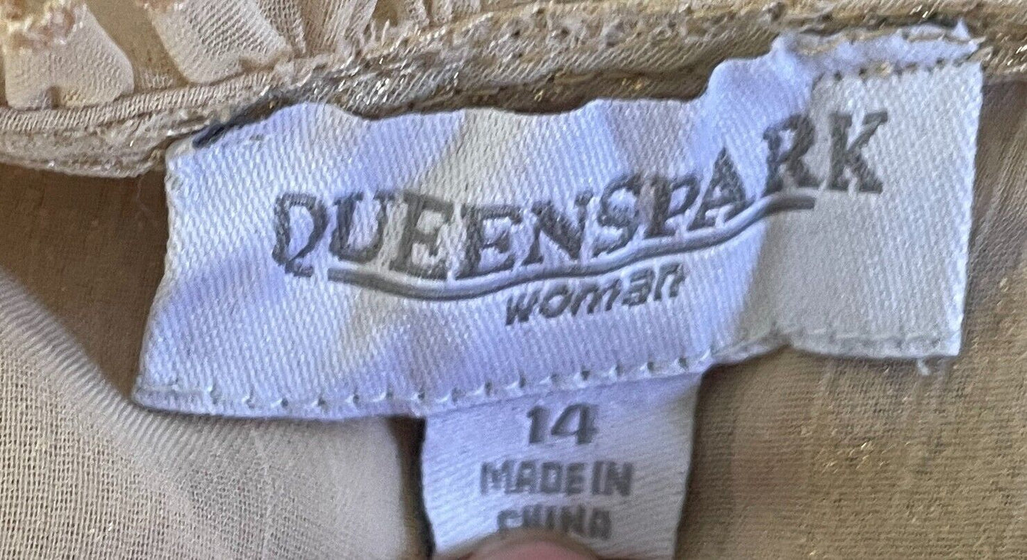 QUEENSPARK WOMAN Blouse Gold Shimmer L/Sleeve Ruffle Semi Sheer Top Size 14 NEW
