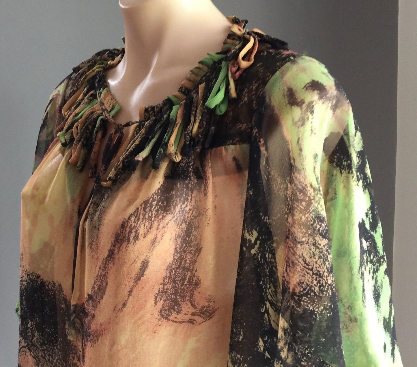 HONEY & BEAU Top MultiColoured Tree Forest Print Sheer Silk Blouse Ladies Sz 14