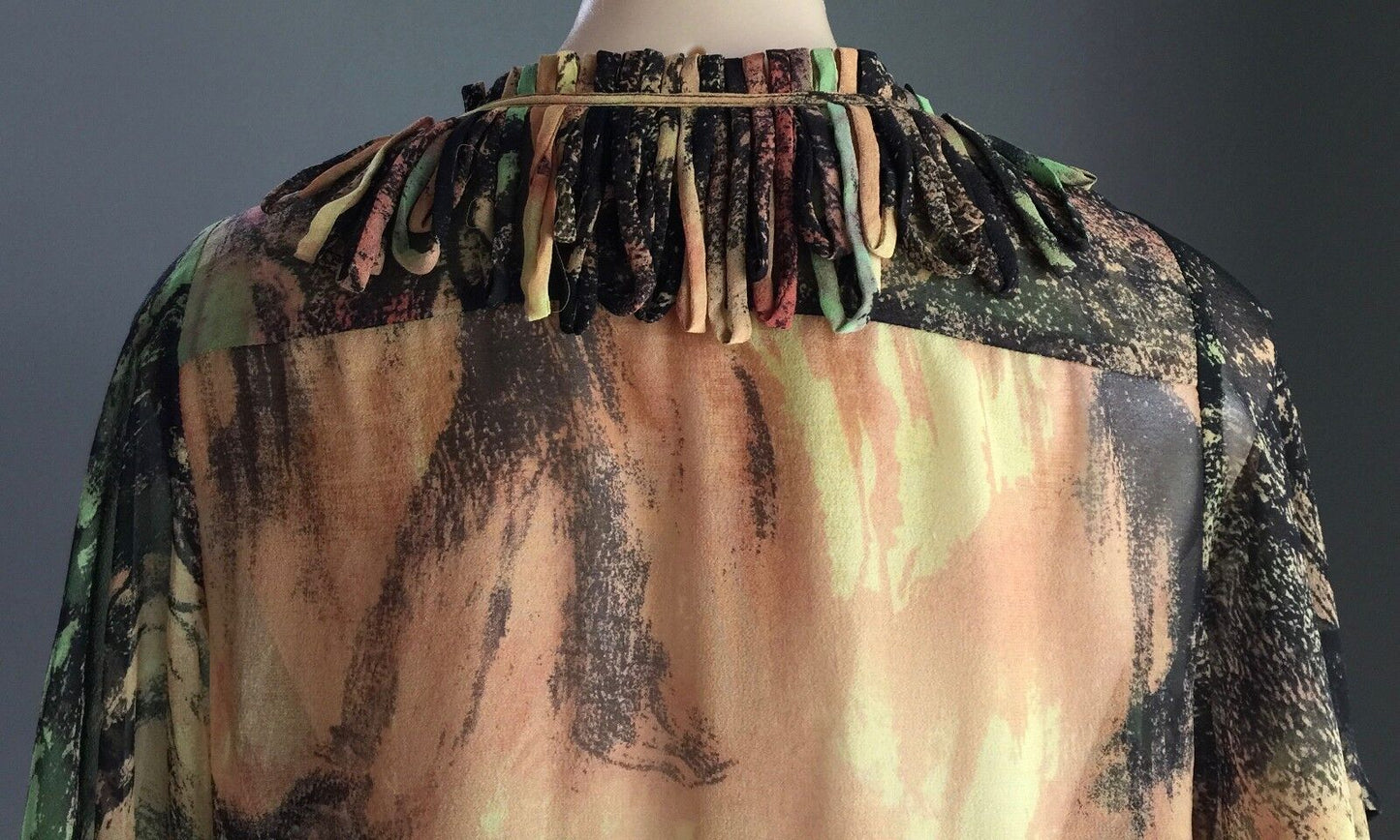 HONEY & BEAU Top MultiColoured Tree Forest Print Sheer Silk Blouse Ladies Sz 14