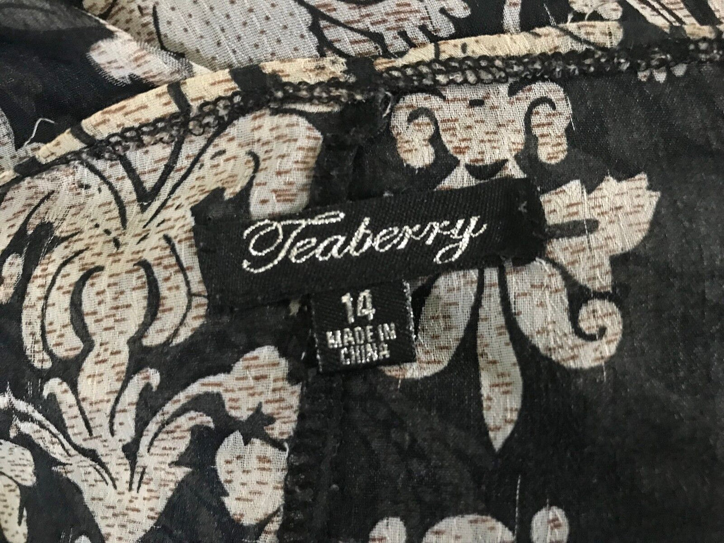 TEABERRY Top Sheer Black Ivory Baroque Print Peasant Style Blouse Size 14