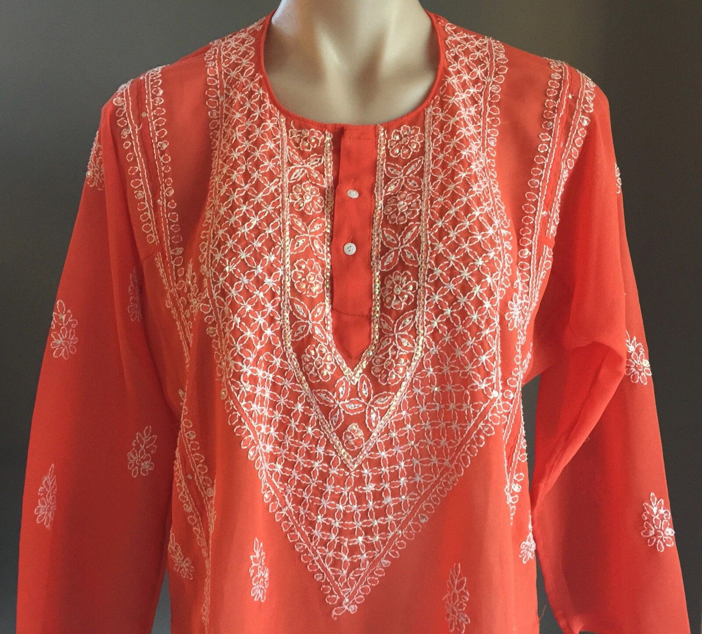 New SHEER KAFTAN TOP Orange & White Embroidered Sequin Ladies Size 12 - 14