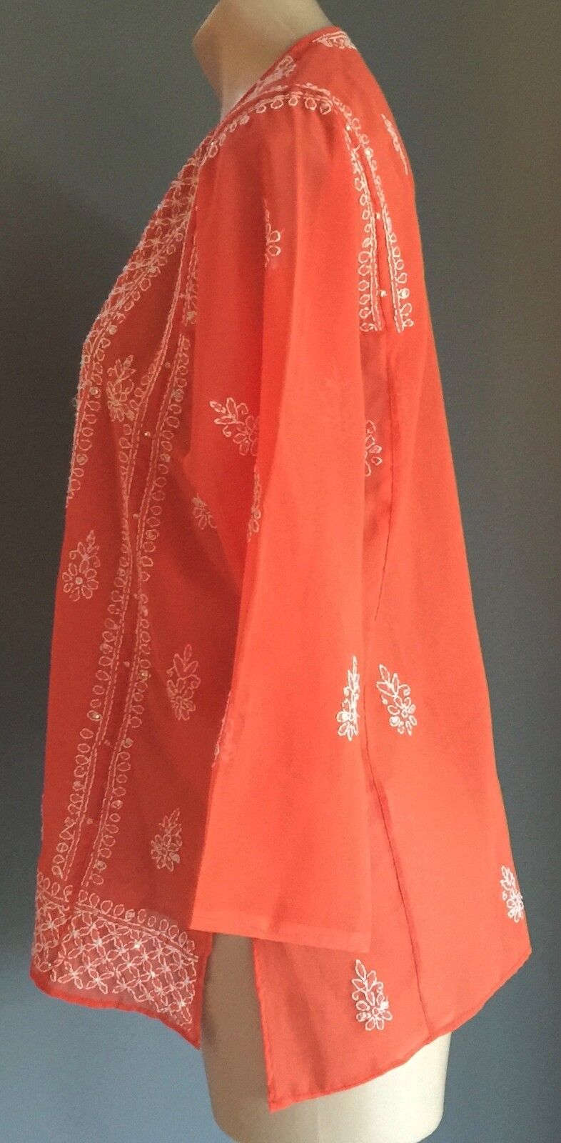 New SHEER KAFTAN TOP Orange & White Embroidered Sequin Ladies Size 12 - 14