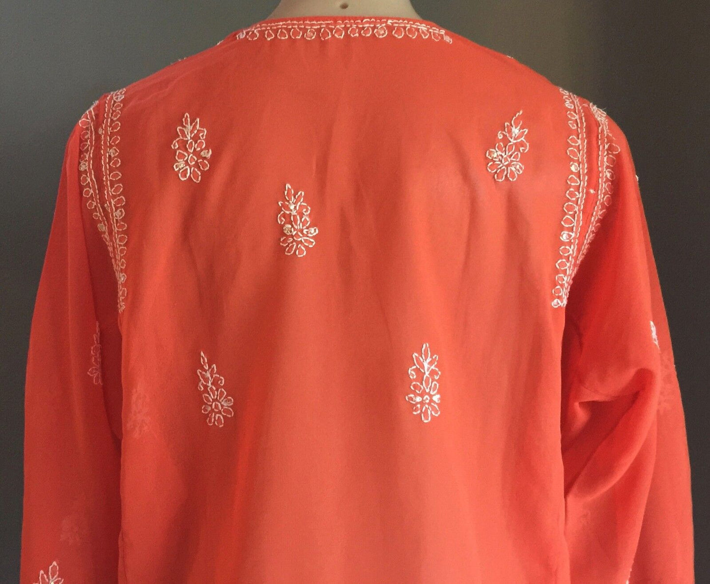 New SHEER KAFTAN TOP Orange & White Embroidered Sequin Ladies Size 12 - 14