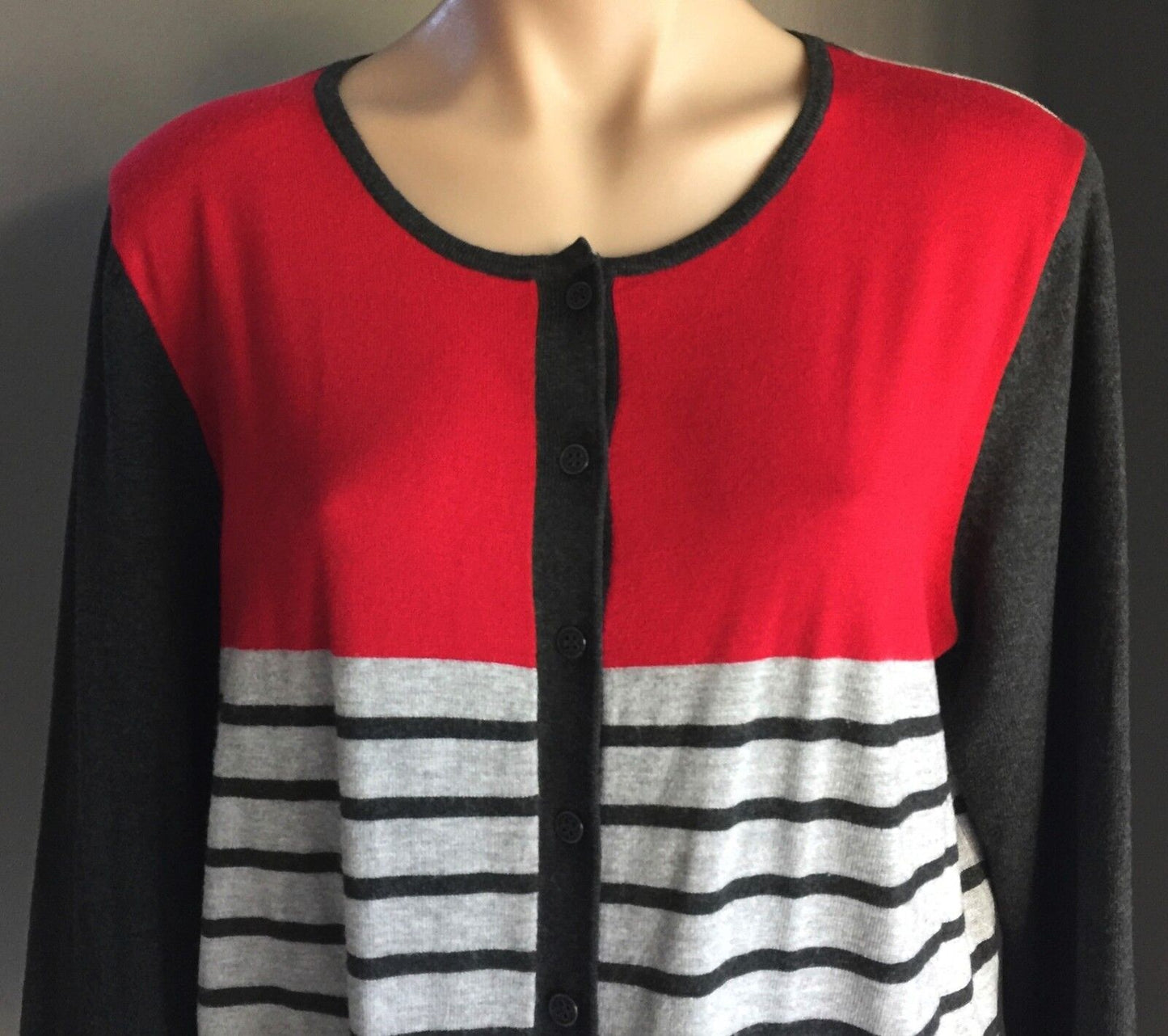 EQUUS Cardigan Red & Grey Stripe Thin Knit Stylish Stand Out Ladies Size L 14 16