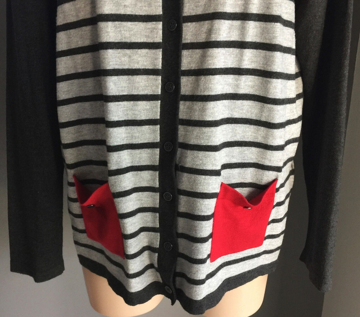 EQUUS Cardigan Red & Grey Stripe Thin Knit Stylish Stand Out Ladies Size L 14 16
