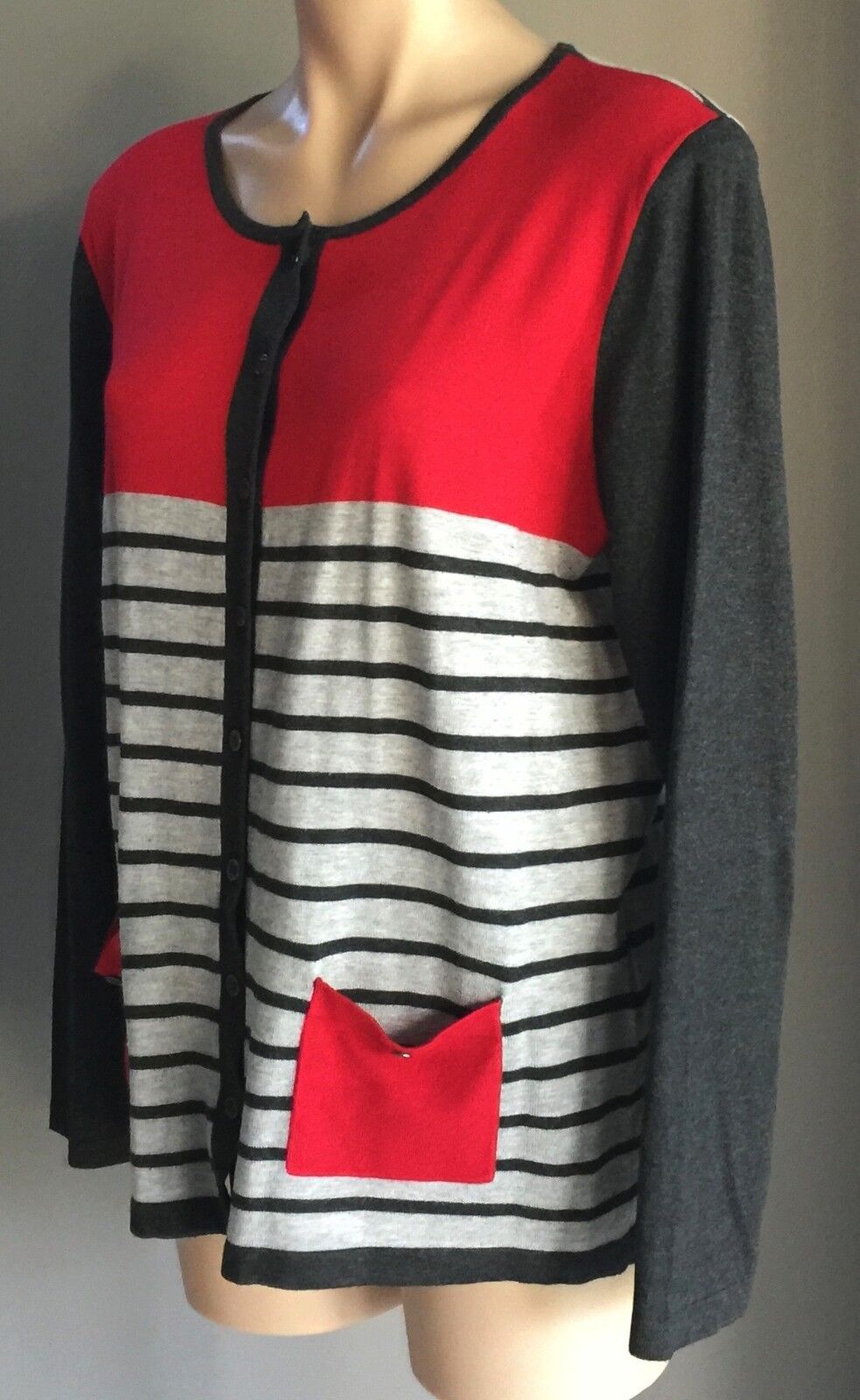 EQUUS Cardigan Red & Grey Stripe Thin Knit Stylish Stand Out Ladies Size L 14 16