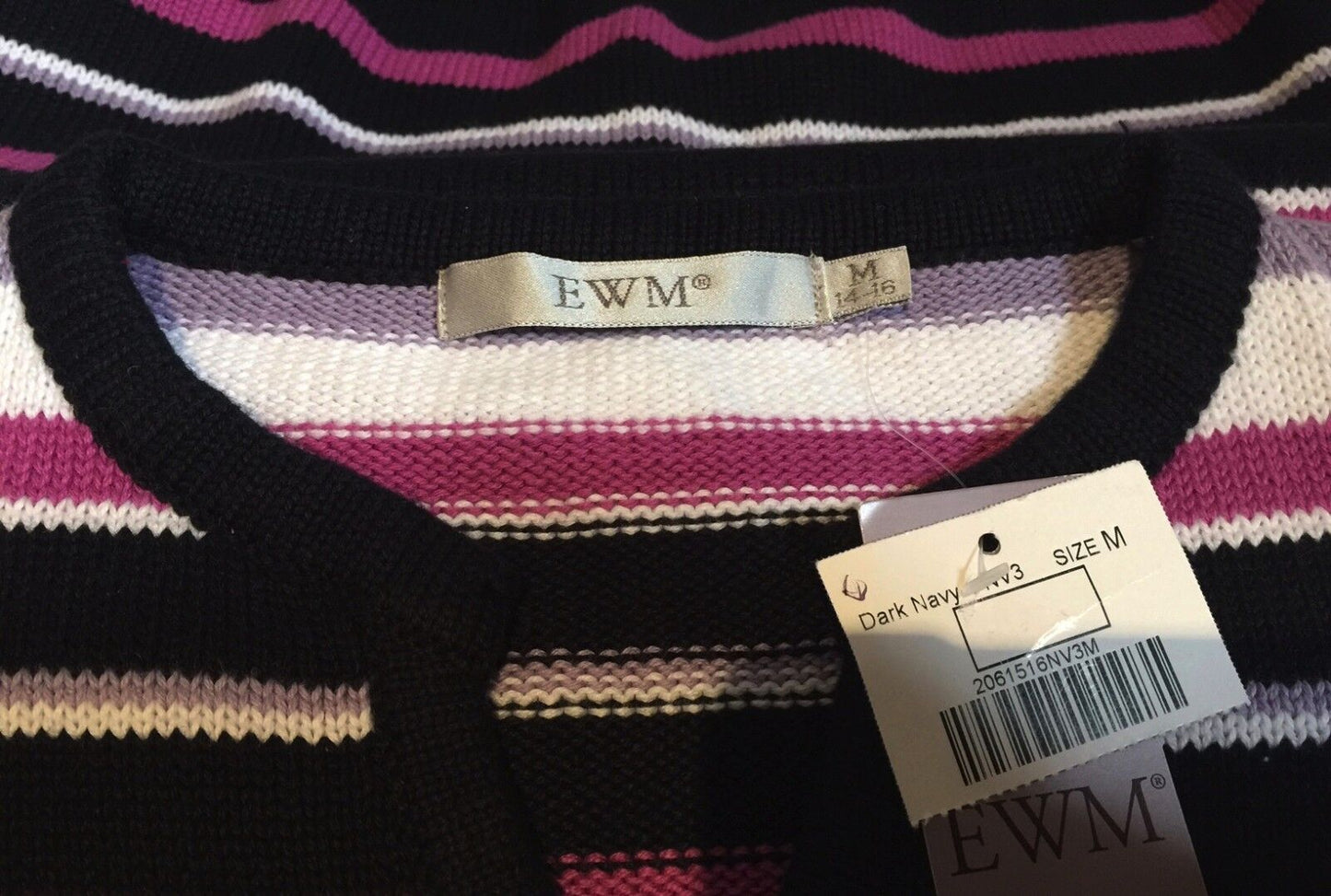 EWM Jumper Purple Grey Black White Stripe Cotton Knit Long Sleeve M 14 16