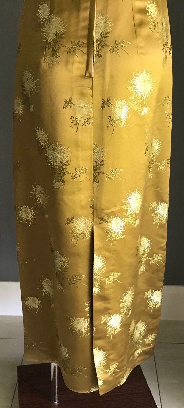 HANDMADE Citrine Khaki Gold Floral Embroidered High Waist Long Dress Size 10