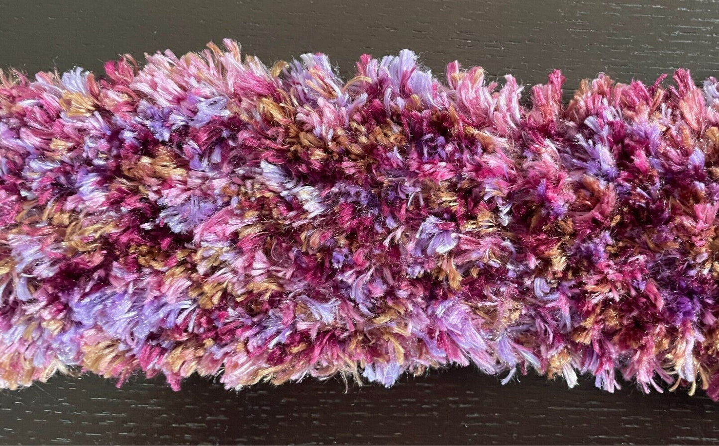 Eyelash KNIT SCARF Handmade 10cm W Long Shades of Purple Pink Brown Fluffy Furry