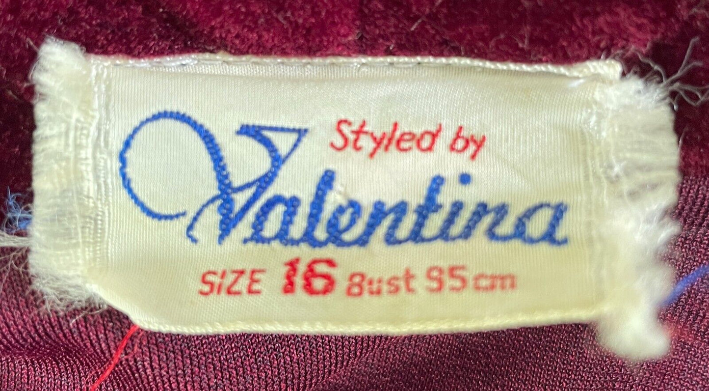 VALENTINA Dressing Gown Bath Robe Burgundy Velour Long Sleeve Size 16 Vintage