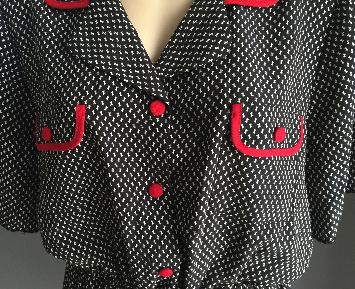 1980's TODAY'S CLASSICS Dress Black & White Print Frock Size 16 Red Accents