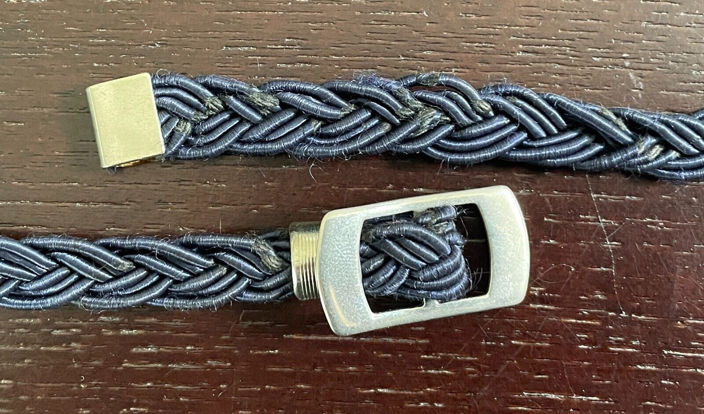 Belt Navy Blue Fabric Woven Plaited 1cm Thin 81.5cm Long Silver Tone Hardware