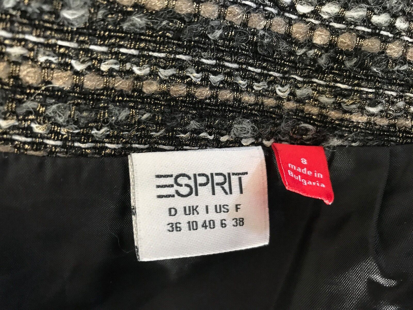 ESPRIT Mini Skirt Gold Grey Black White Tweed Low Waist Zip Trim Ladies Size 10