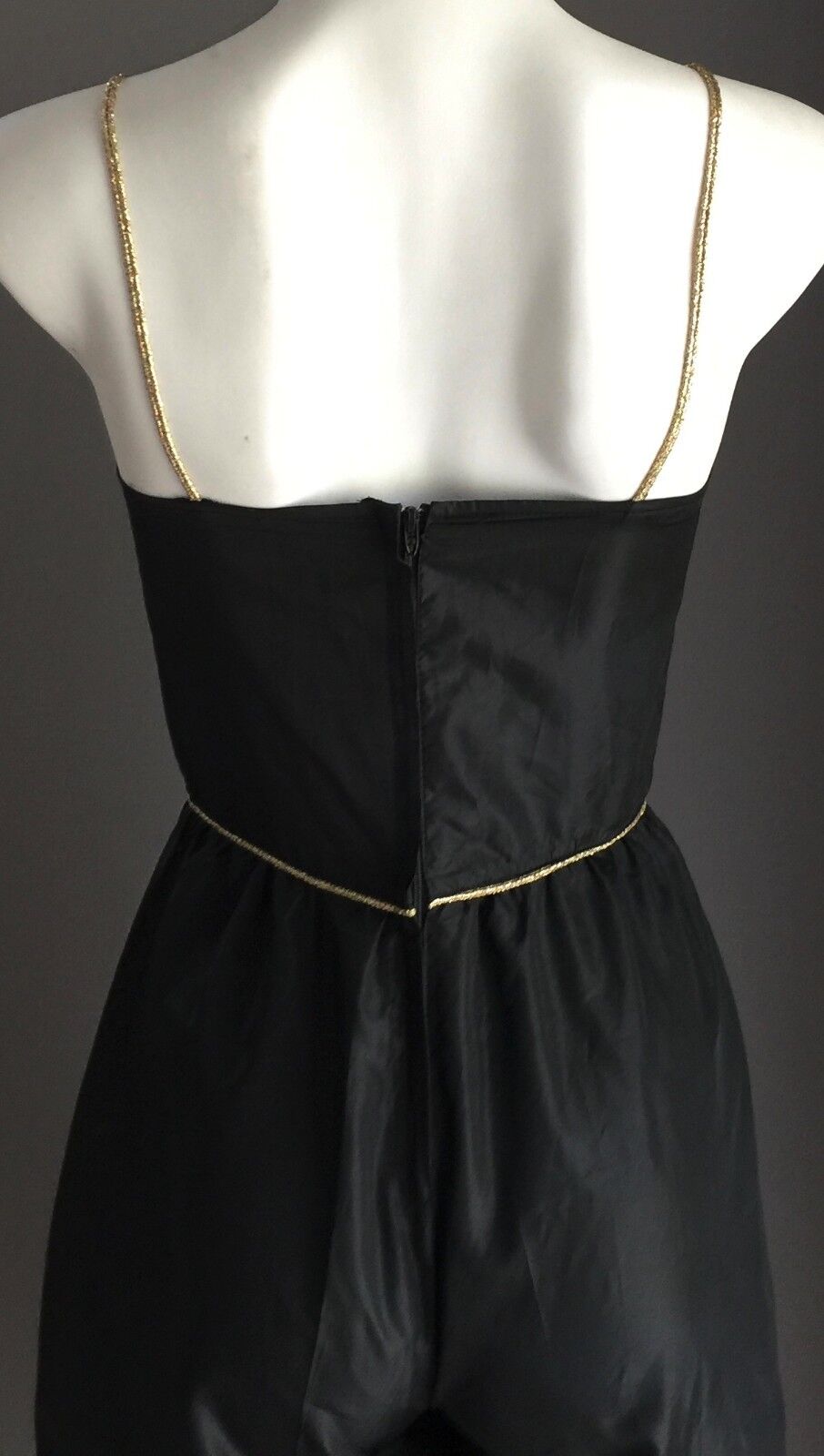 Vtg 70s DISCO Jumpsuit Size 8 Black Silky 3/4 Length Gold Trim Pants