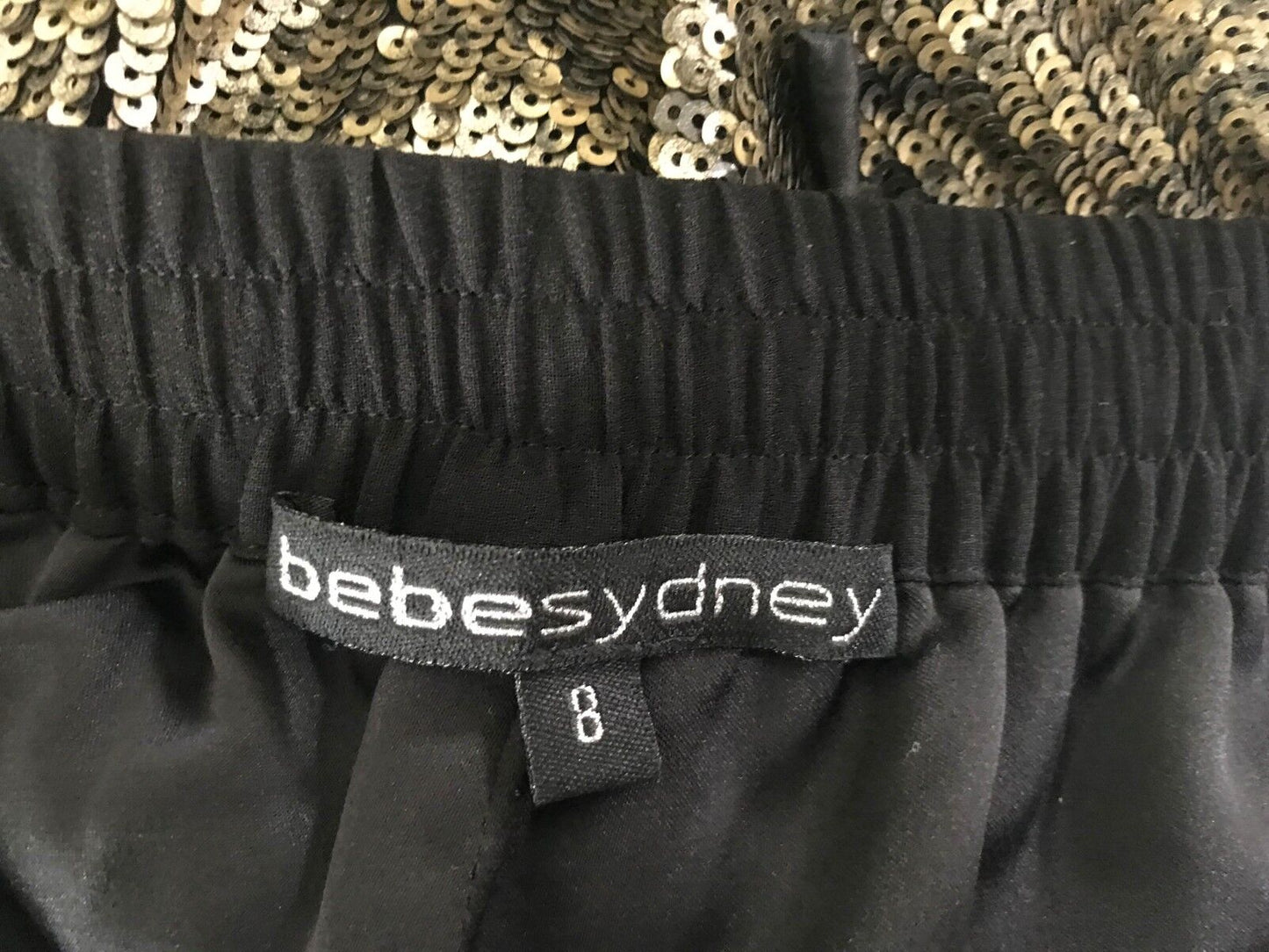 BEBE SYDNEY Tapered Pants Gold Sequin & Black Elastic Waist Ladies Size 8 Glam