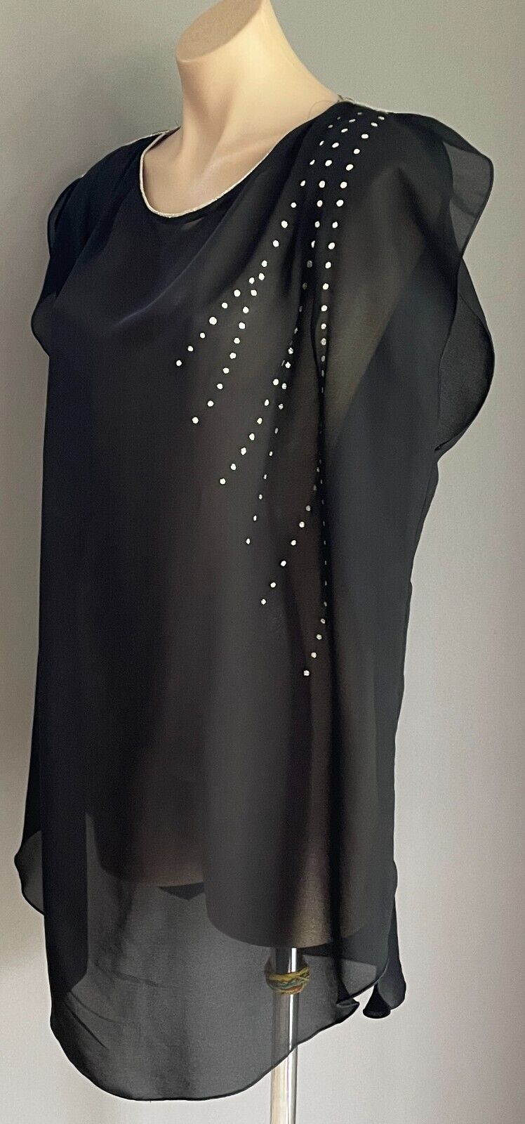 1970s Disco Long Tunic Top Black Sheer Silver Metallic Trim Sleeve Size 16 18