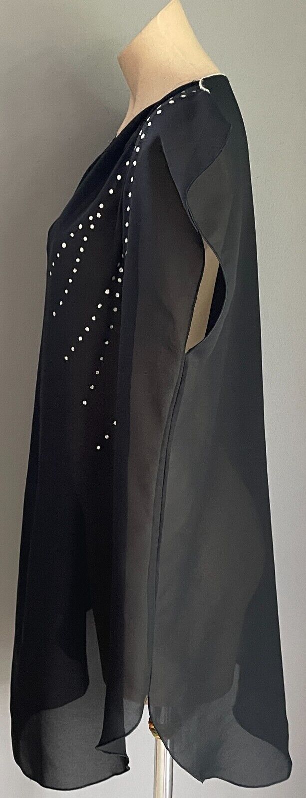 1970s Disco Long Tunic Top Black Sheer Silver Metallic Trim Sleeve Size 16 18