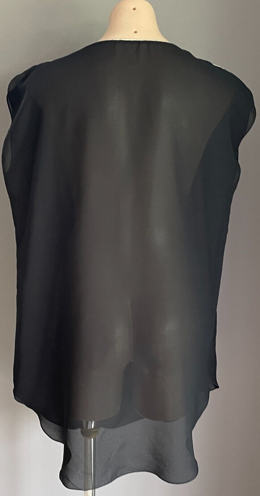1970s Disco Long Tunic Top Black Sheer Silver Metallic Trim Sleeve Size 16 18