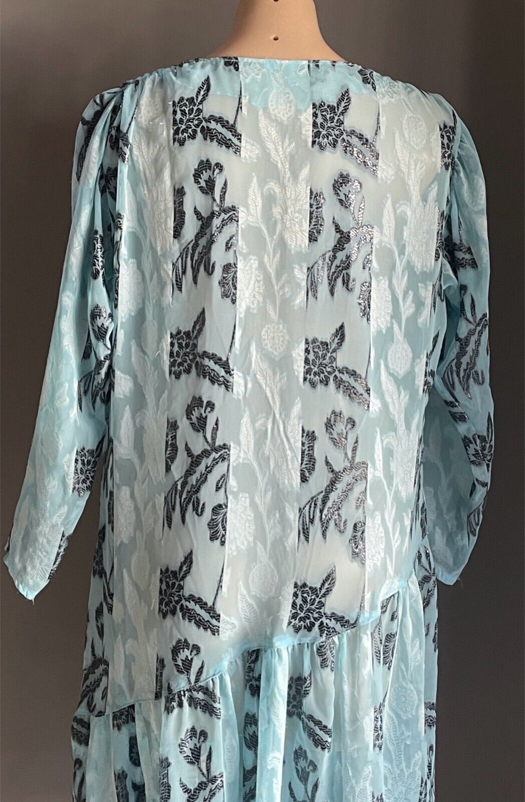 Vintage Dress Handmade Size 16 Blue & Black Print Semi Sheer Drop Waist Midi