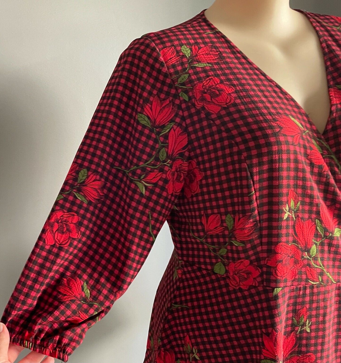CITY CHIC Top Red Black Green Check Floral Side Tie Blouse Plus Size S 18 20